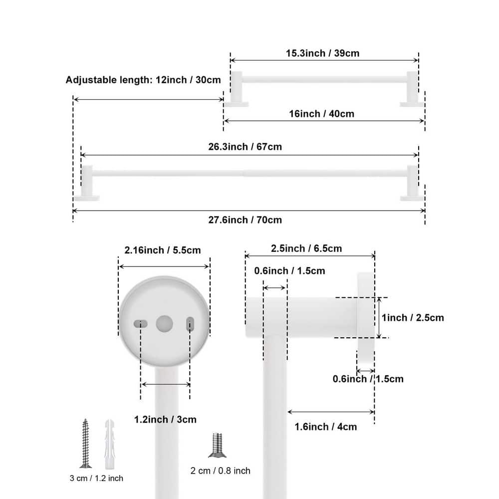 Numhew 16 in. to 27.6 in. Adjustable Single Towel Bar with Hook, Stainless Steel Bath Towel Holder for Bathroom, Kitchen (2)