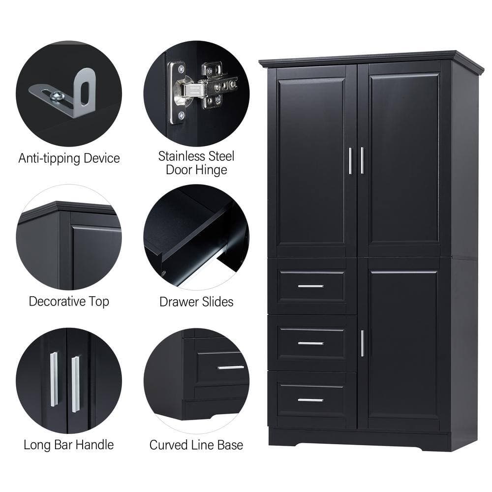 Lycvki 32.6 in. W x 19.6 in. D x 62.2 in. H Black Linen Cabinet with Drawers and Adjustable Shelf for Bathroom/Office (3)