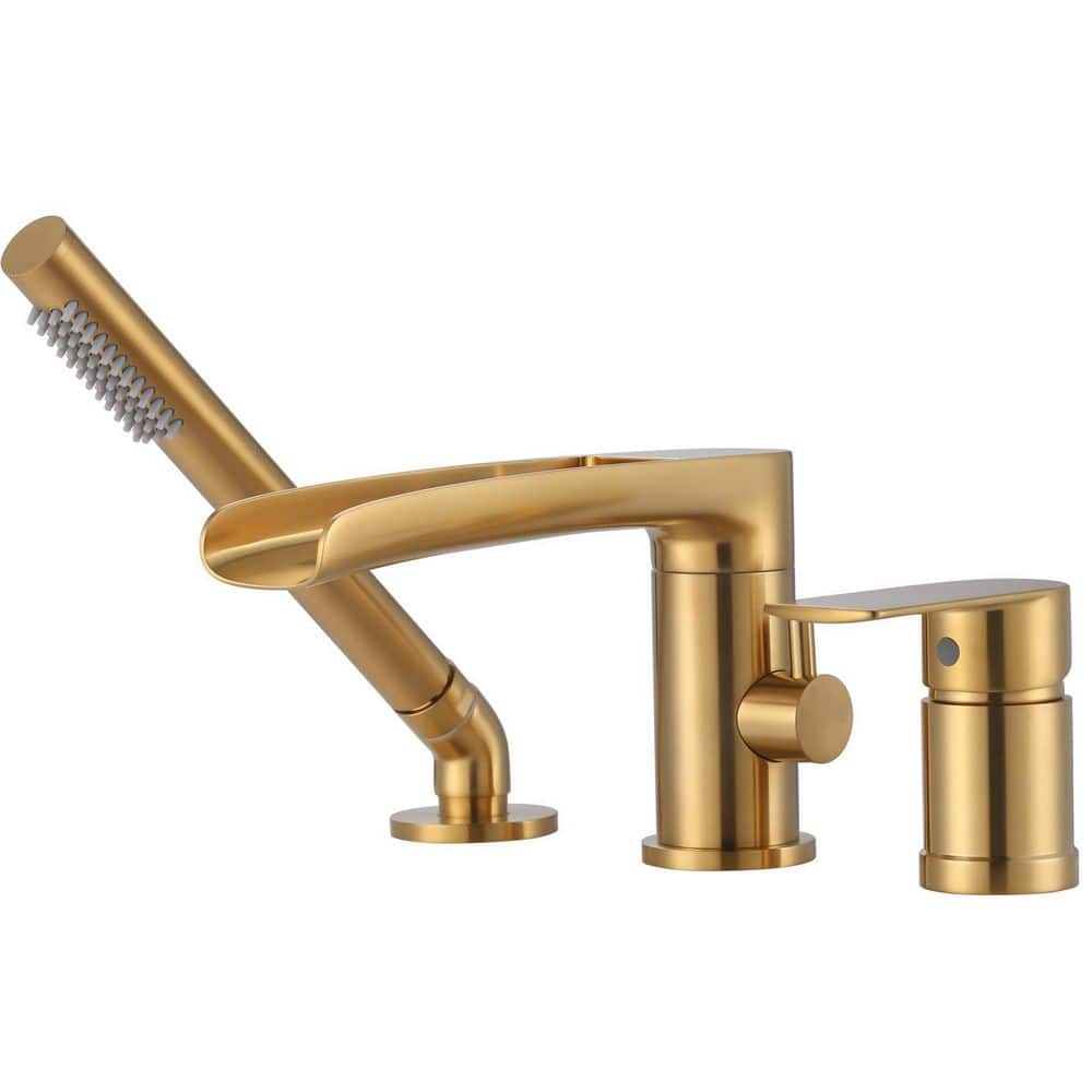 WOWOW Single-Handle Deck-Mount Roman Tub Faucet with Hand Shower in Gold (1)