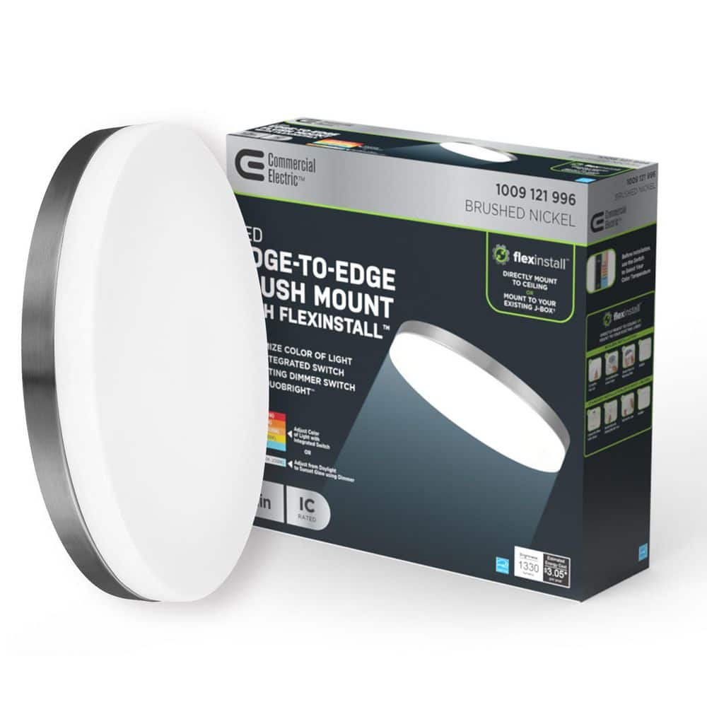 Commercial Electric Flex Install 12 in. Brushed Nickel Edge to Edge LED Recessed Ceiling Light Flush Mount with 5CCT and 1330 Lumens (3)