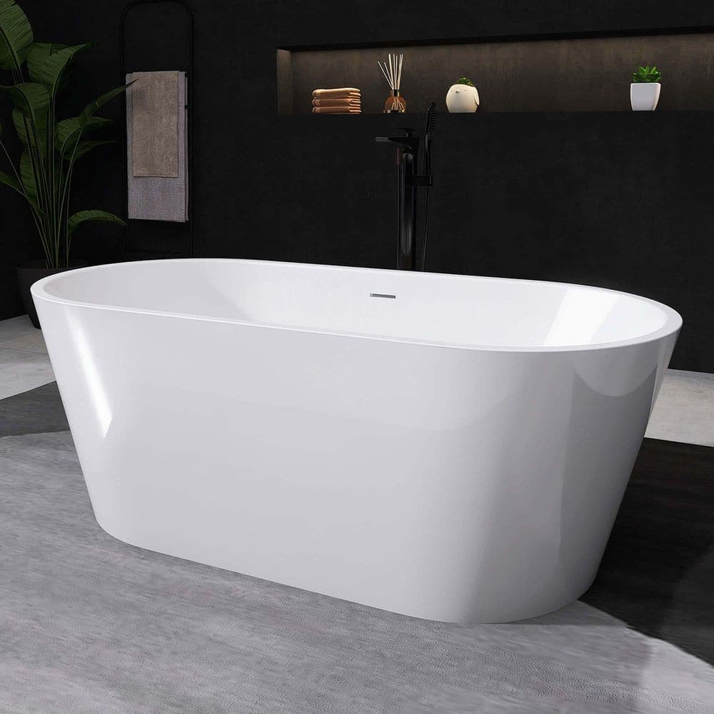 Getpro 63 in. x 29.5 in. Freestanding Soaking Bathtub with Center Chrome Drain Flat Bottom Free Standing Acrylic Tub in White (3)