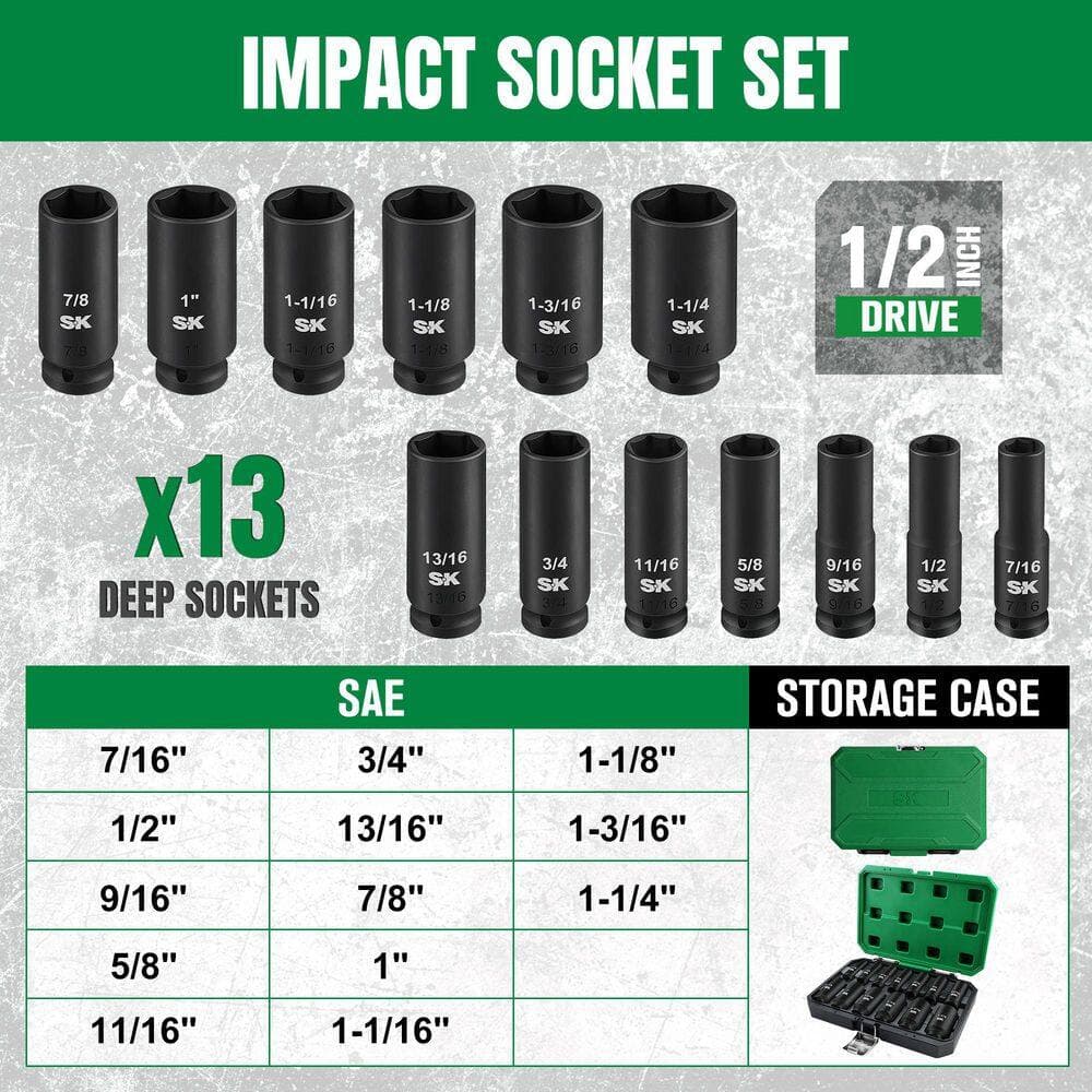 SK01352 1/2in Impact Deep Socket Set-SAE (13 Piece) (3)