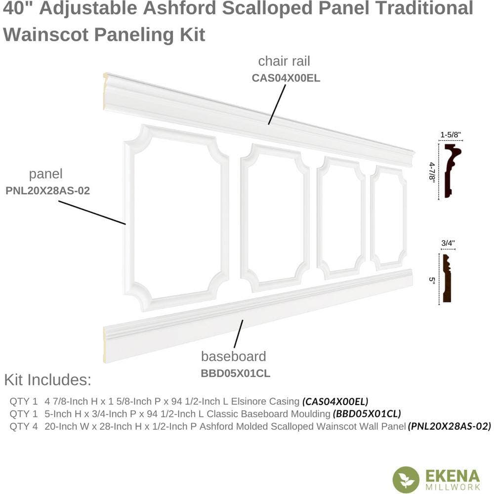 Ekena Millwork 94 1/2 in. (Adjustable 40 in. to 44 in.) 26 sq. ft. Polyurethane Ashford Scalloped Panel Wainscot Kit Primed (2)