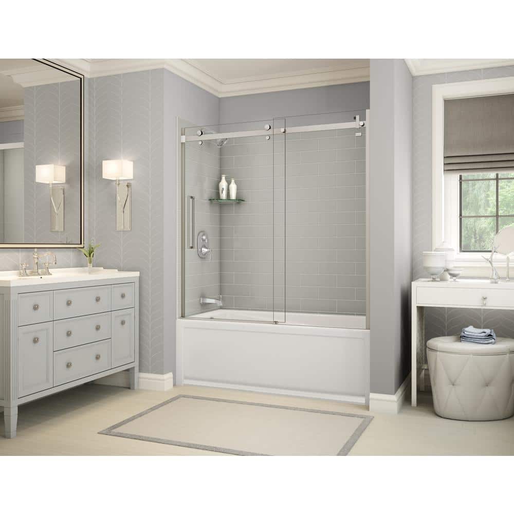 MAAX Utile Metro Soft Grey 60 in. x 32 in. x 81 in. Bath and Shower Combo, with New Town Left Drain, Halo Door Brushed Nickel (1)