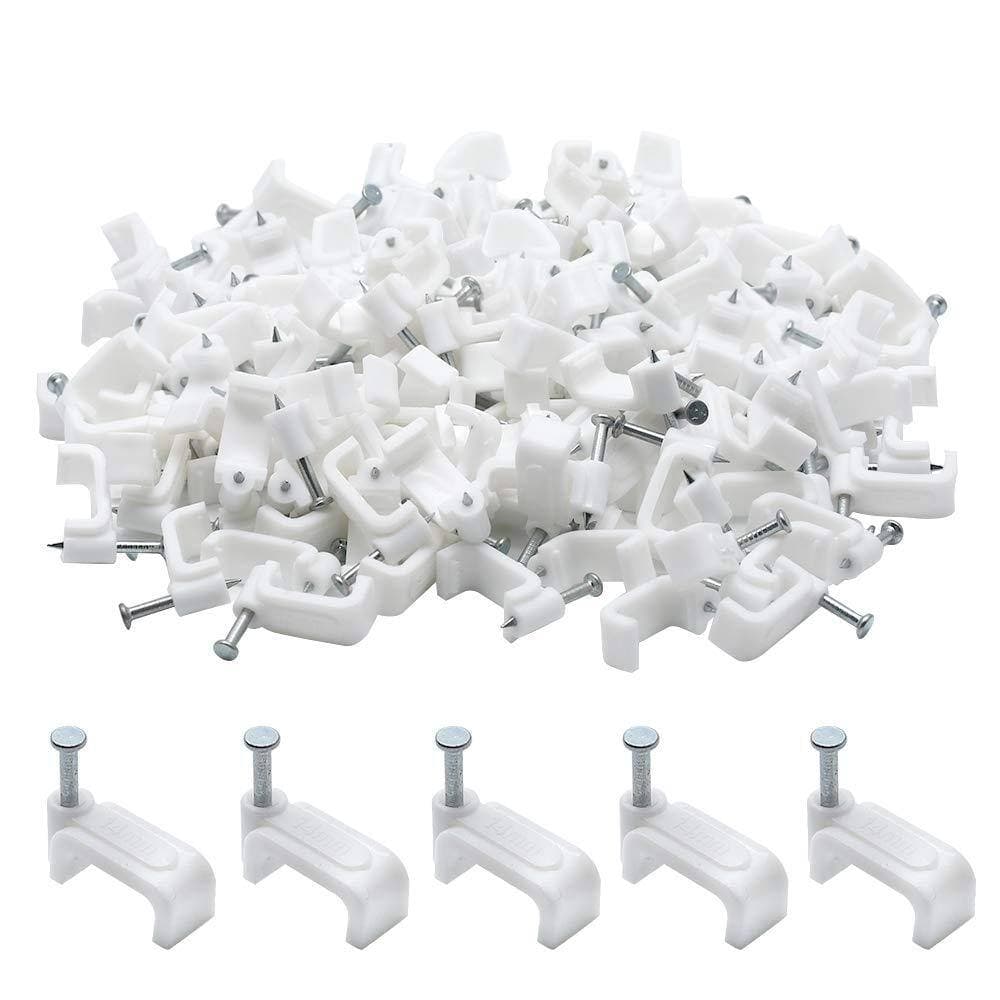 Unbranded 100-Pack 14 mm Flat Ethernet Cable Clips with Steel Nails, White Plastic Wire Clamps for Wood or Concrete