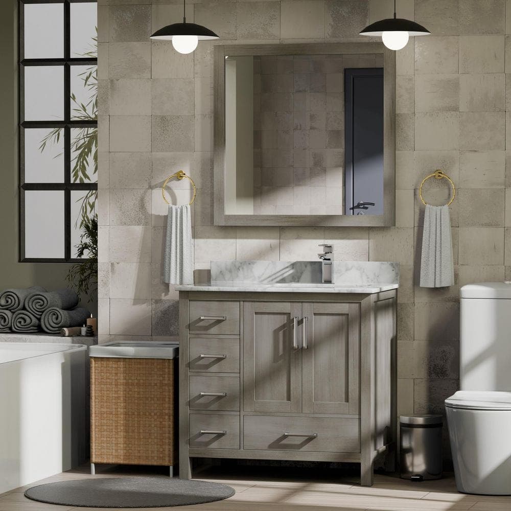 Lexora Jacques 36 in. W x 22 in. D Bath Vanity Cabinet in Distressed Grey with Mirror-Right Version (1)