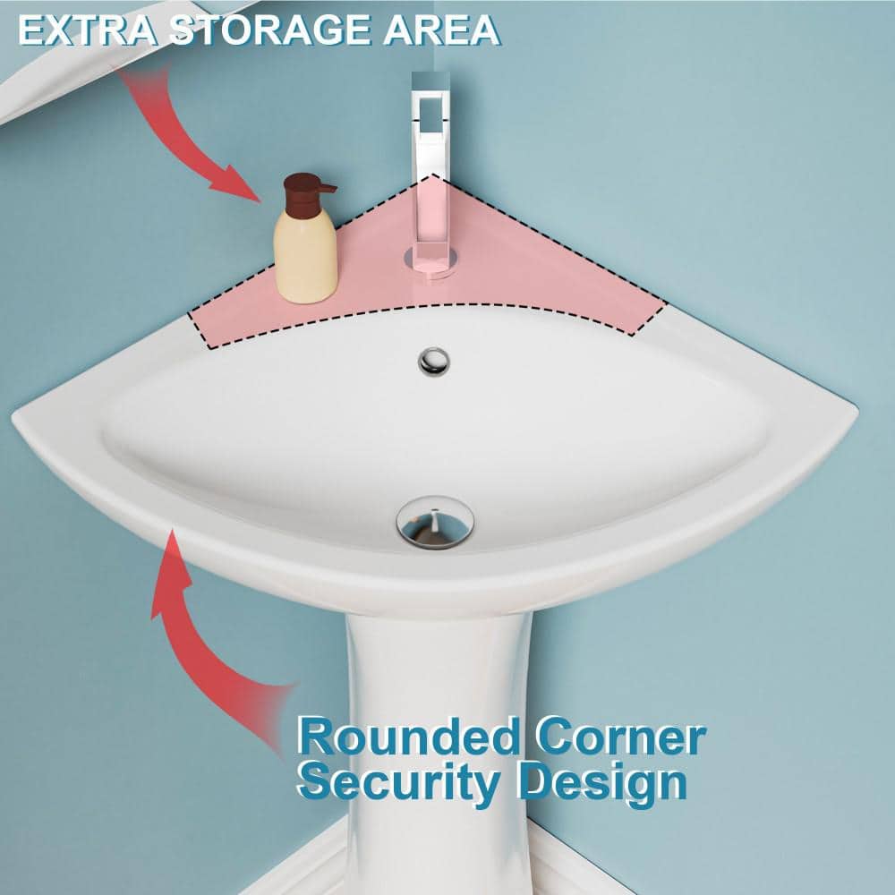 Aguamaph 23 in. W x 18.75 in. D Mini Corner Sink Vitreous China Bathroom Pedestal Sink in White with 1 Faucet Hole Overflow (3)