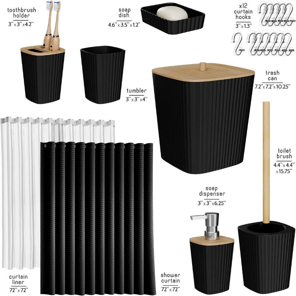 Whatseaso Bathroom Set, Bathroom Accessory Set, Shower Curtain Set, Toilet Brush, Trash Can & Soap Dispenser in Black (2)