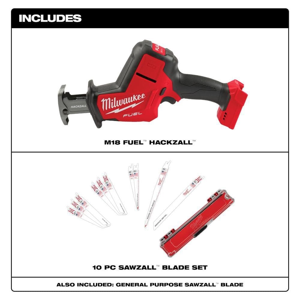 Milwaukee M18 FUEL 18V Lithium-Ion Brushless Cordless HACKZALL Reciprocating Saw with SAWZALL Bi-Metal Blade Set (10-Piece) (2)