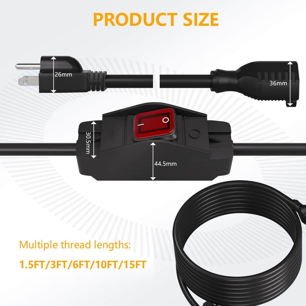 Adrinfly 1.5FT Vinyl Heavy Duty Extension Cord with Waterproof Switch, 3-Prong Outdoor, 1875W, 14/3 SJT, Black (2)