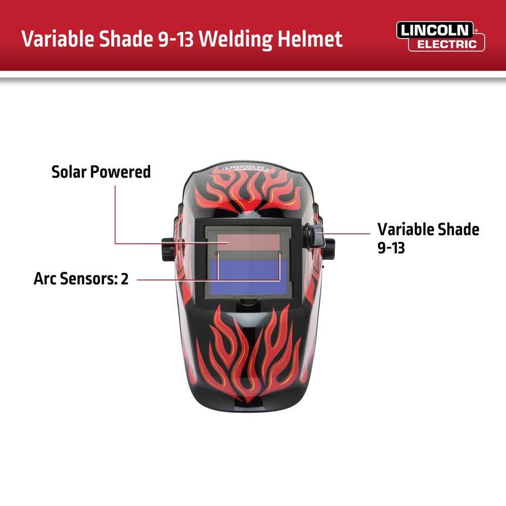 Lincoln Electric Auto-Darkening Welding Helmet with Variable Shade Lens No: 9-13 (1.73 x 3.82 in. Viewing Area), Red Steel Design (3)