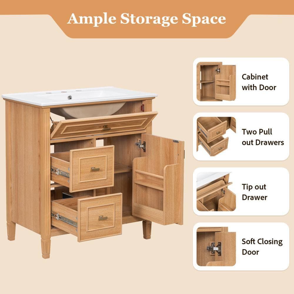 Unbranded Natural 30in Bathroom Vanity with Sink One Flip Drawer and Two Drawers for Bathroom (3)