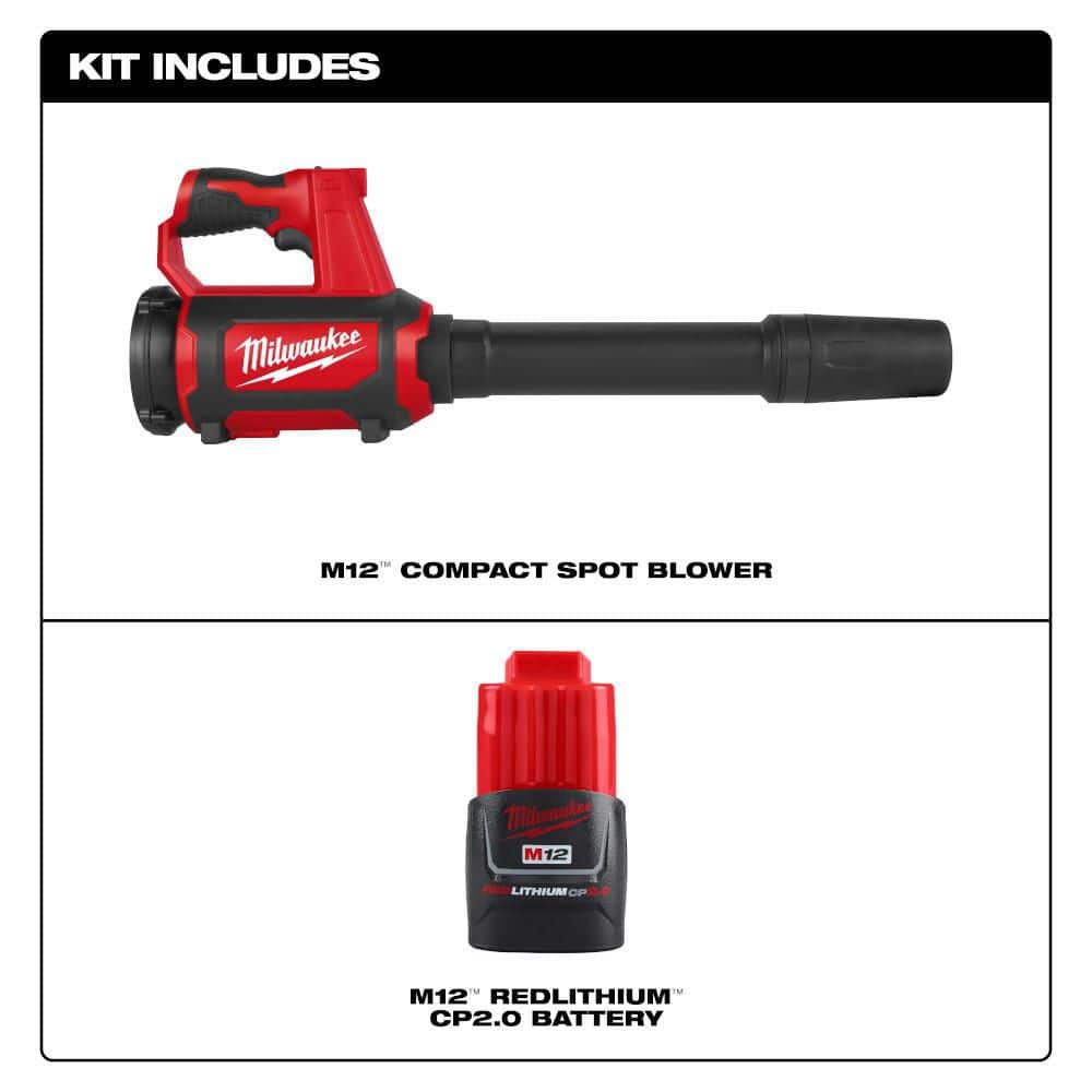 Milwaukee M12 12V Lithium-Ion Cordless Compact Spot Blower with 2.0 Ah Compact Battery Pack (2)