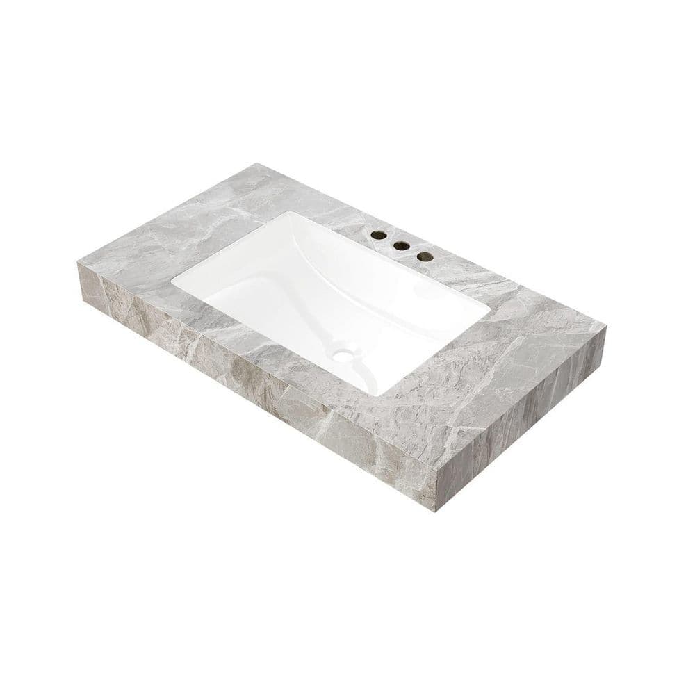 LIVACA 36 in. Drop-In Sink Bathroom Sink in Light Gray Sintered Stone and Ceramic with Undermount Basin and Pre-drilled Holes (1)