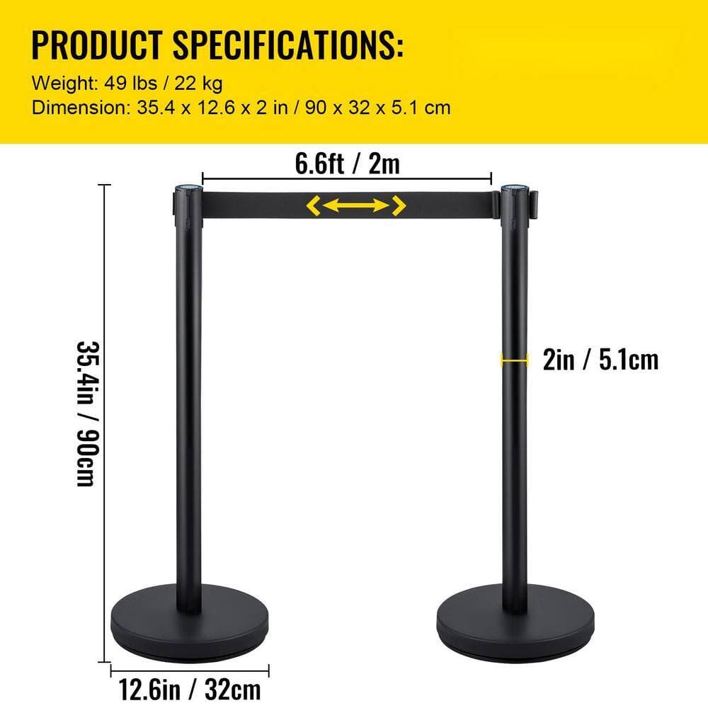 VEVOR Crowd Control Stanchion Set of 4 Pieces 6.6 ft. Black Retractable Belt Steel Stanchion Post with Metal Base, Black (2)