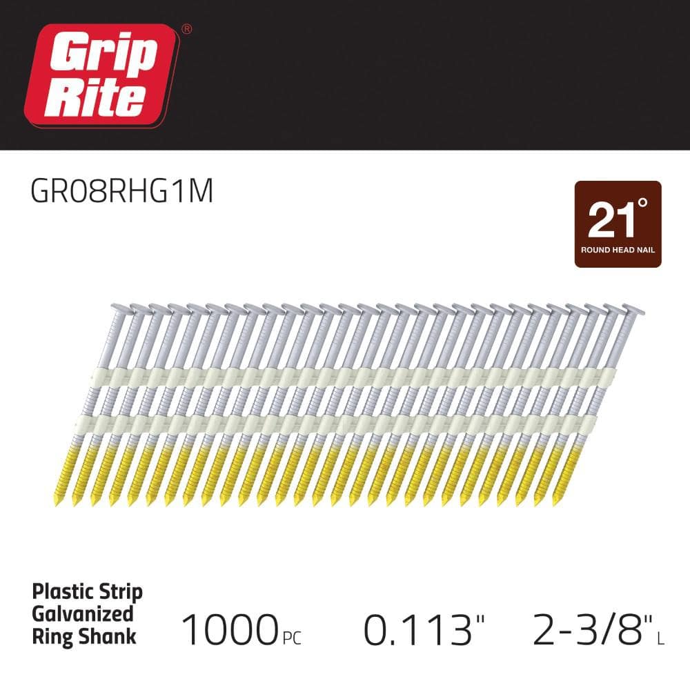 Grip-Rite . 0.113 in. 21° Plastic Collated Exterior Galvanized Ring Shank Round Head Framing Nails per Box (3)
