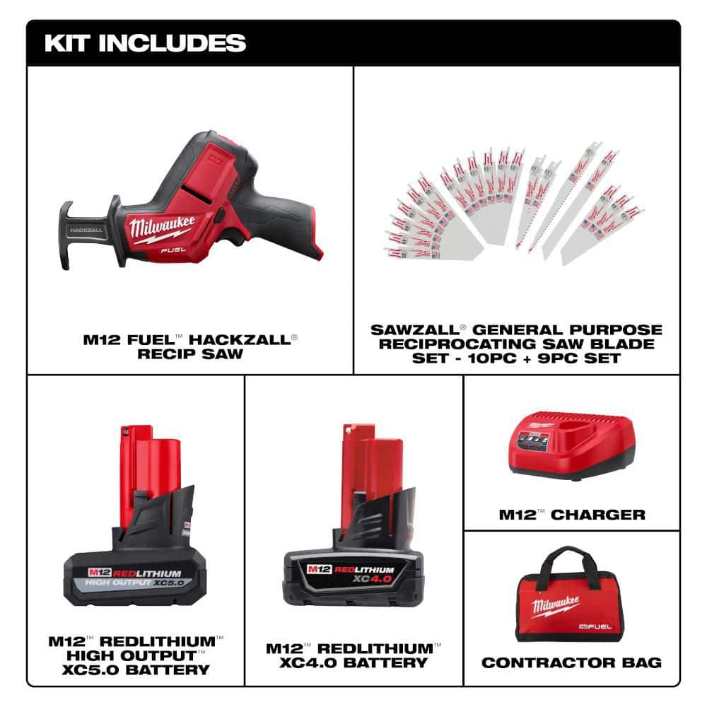 Milwaukee M12 FUEL 12V Li-Ion HACKZALL Kit w/ 5.0Ah XC HO Battery & SAWZALL Wood/Metal Blade Set (19-Pc) (2)