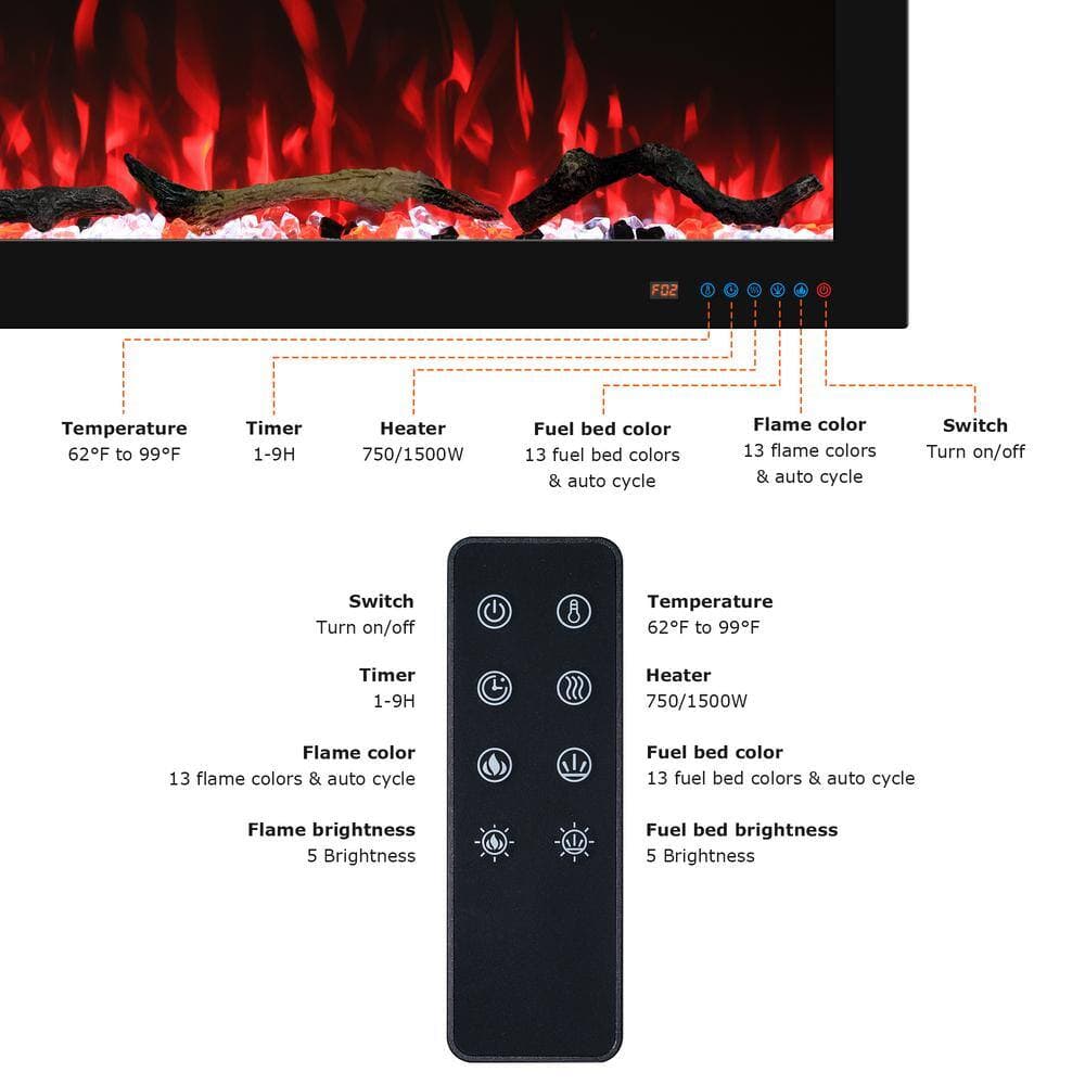 Delandgrand 48 in. Wi-Fi Electric Fireplace Inserts, 13 Flame & Fuel Bed Colors, 5 Adjustable Brightness, Timer, Thermostat, Black (3)