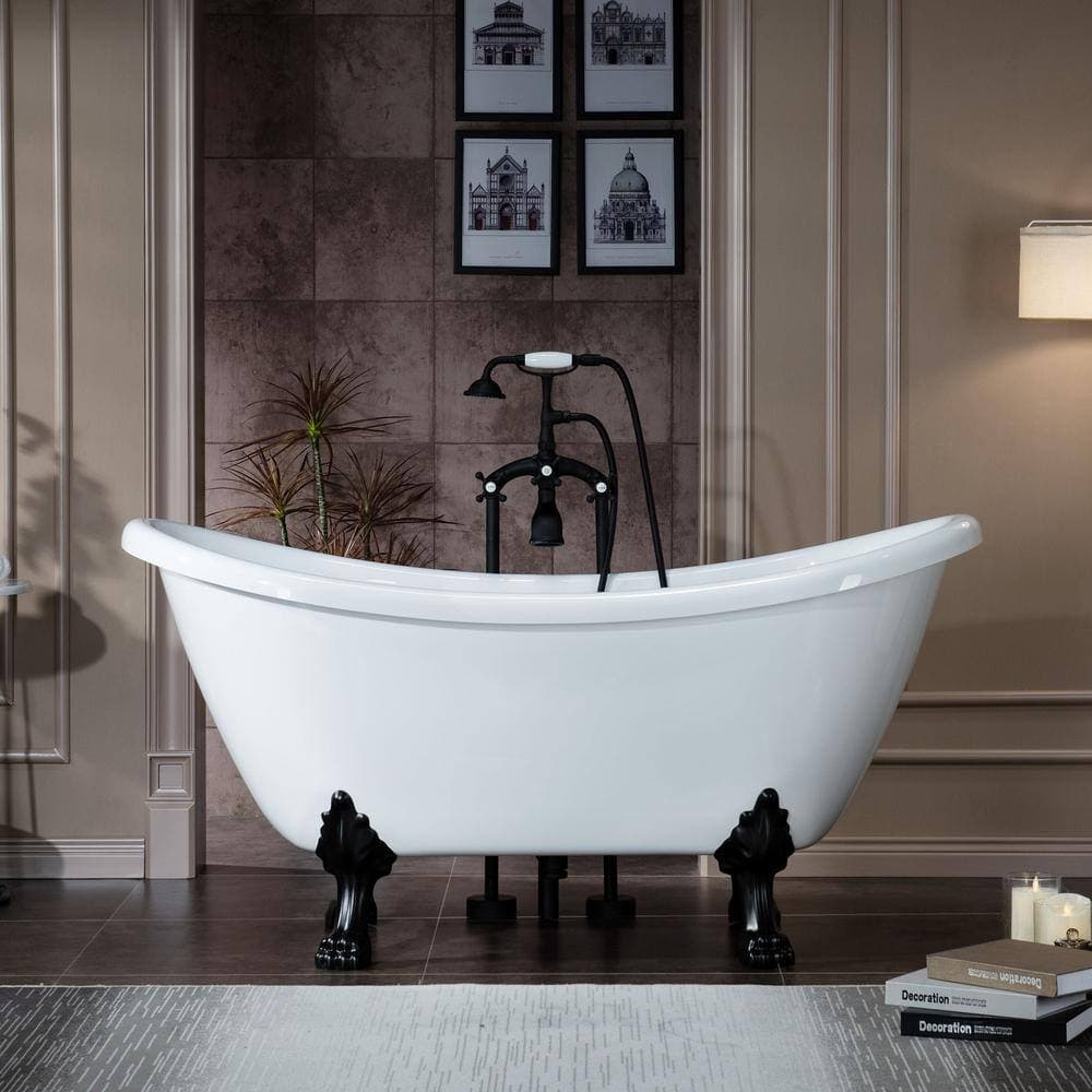 WOODBRIDGE Topeka 59 in. Heavy Duty Acrylic Slipper Clawfoot Bath Tub in White Faucet, Claw Feet, Drain & Overflow in Matte Black (2)