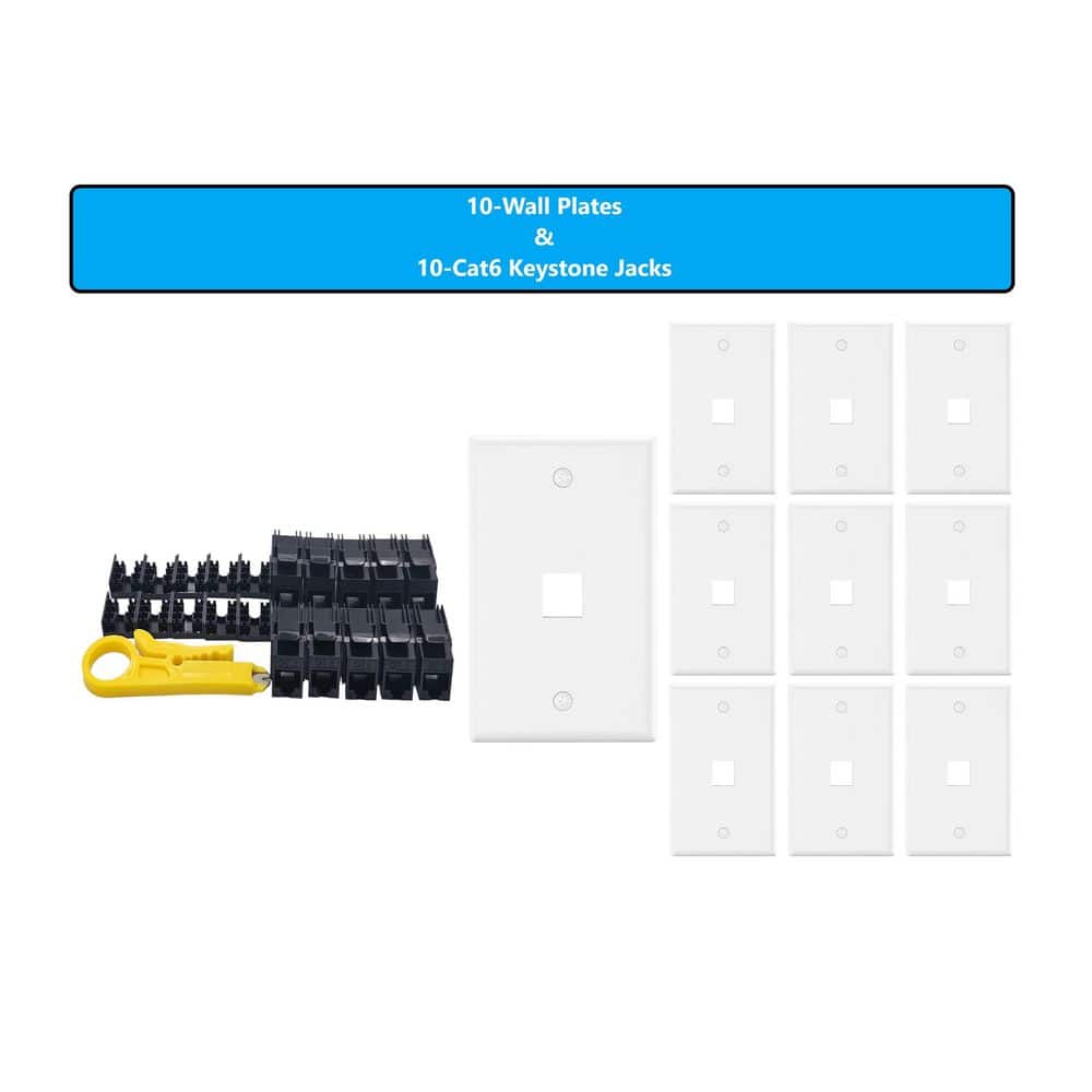 Micro Connectors, Inc 10-Pack 1-Gang White Keystone Plastic Wall Plates 1-Port and 10 Cat 6 RJ45 Keystone Jacks Black (2)