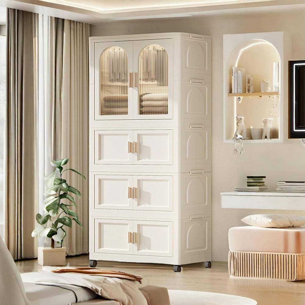 Logmey 25.6 in. W x 15.8 in. D x 70.8 in. H Cream White Linen Cabinet On Wheels (3)