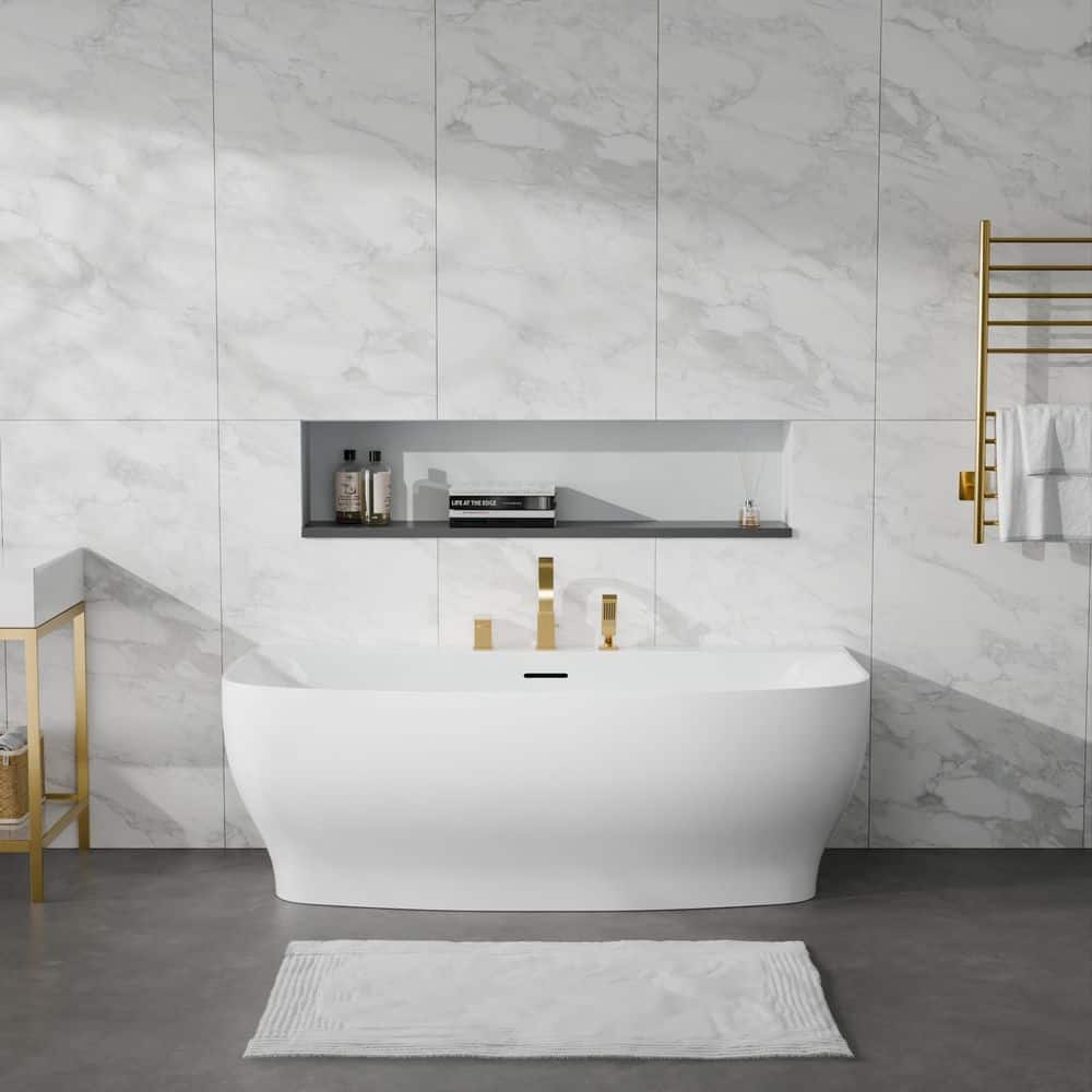 ANZZI Bank Series 65 in. x 31 in. Flat Bottom Acrylic Freestanding Soaking Bathtub with Center Drain, Brushed Gold Faucet (2)