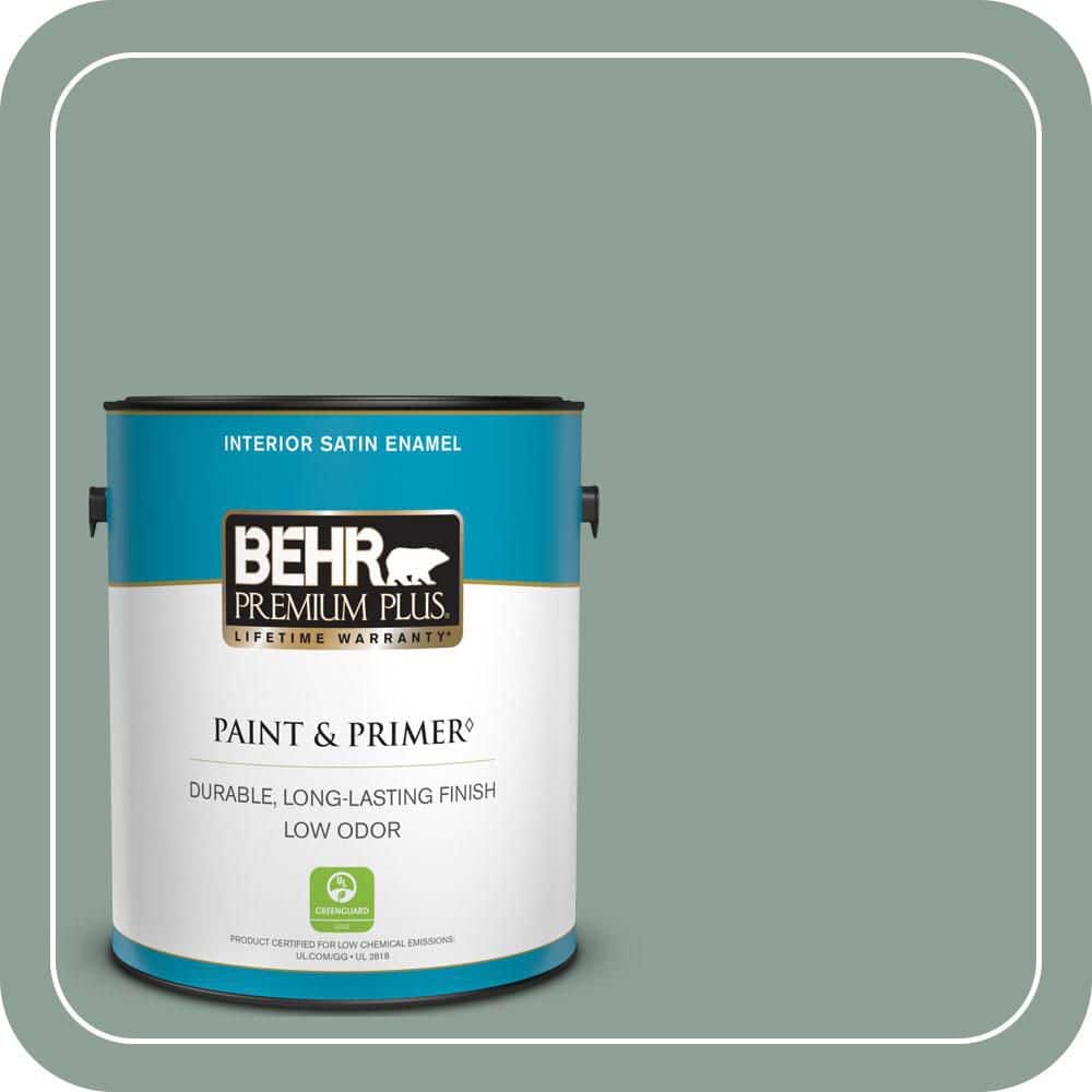 BEHR PREMIUM PLUS 1 gal. #QE-44 Eucalyptus Satin Enamel Low Odor Interior Paint & Primer