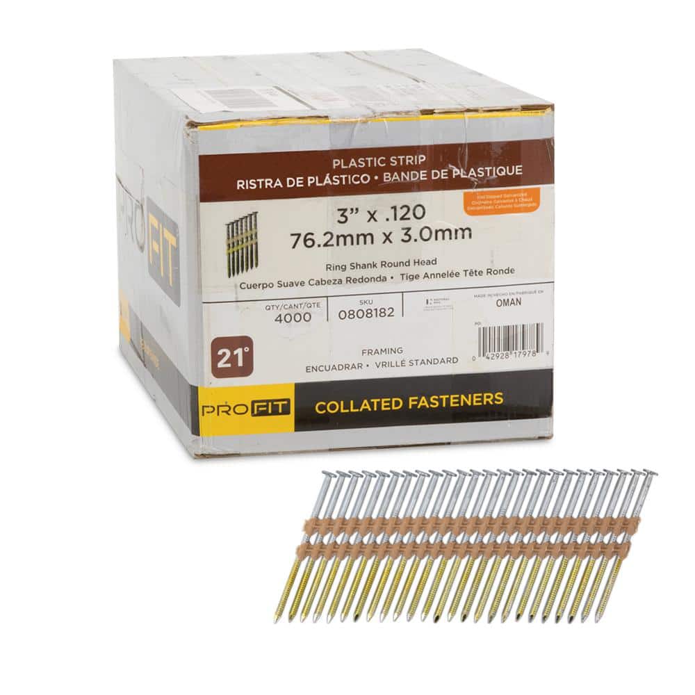 PRO-FIT 3 in. x 0.120 21-Degree Hot Dipped Galvanized Ring Shank Plastic Strip Framing Nails (4000 -Per Box) (1)