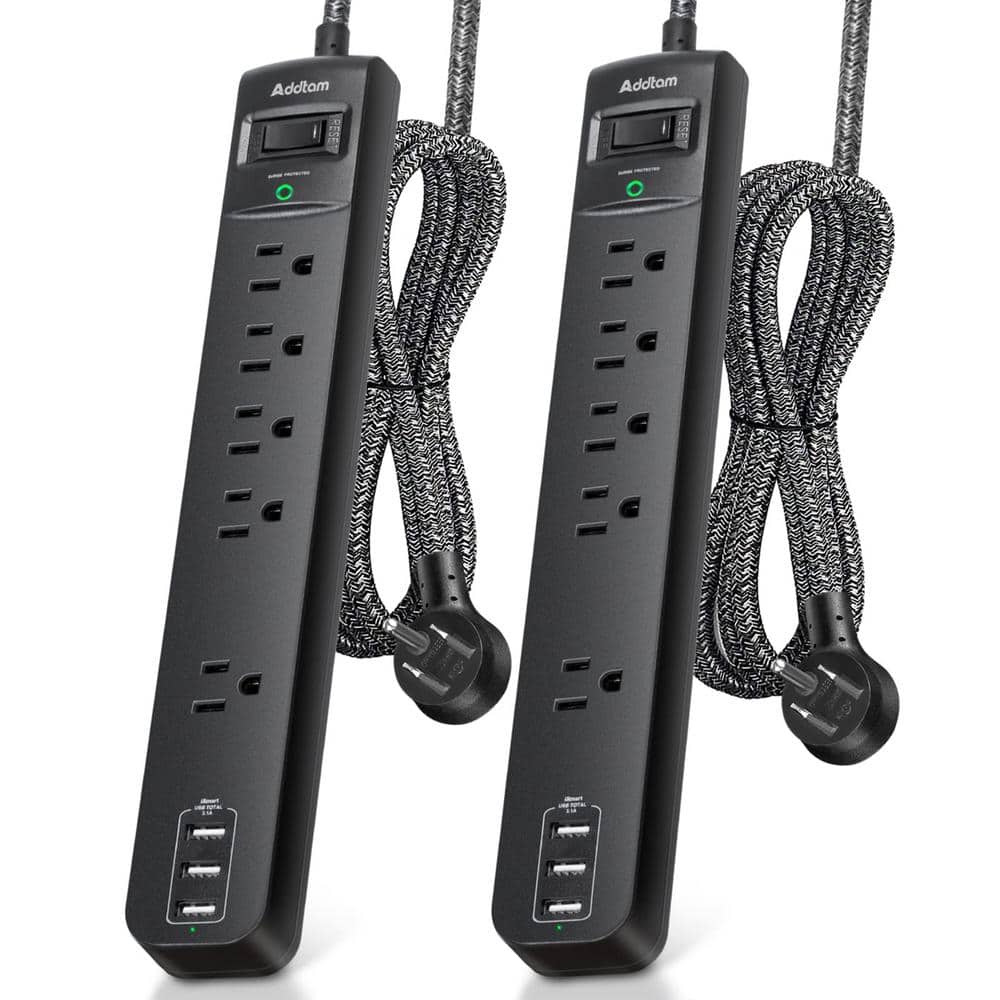 Lukyamzn 15 ft. Braided Cord 5-Outlet Wall Mount Power Strip Surge Protector in Black with USB Ports & Flat Plug (2-Pack) (1)