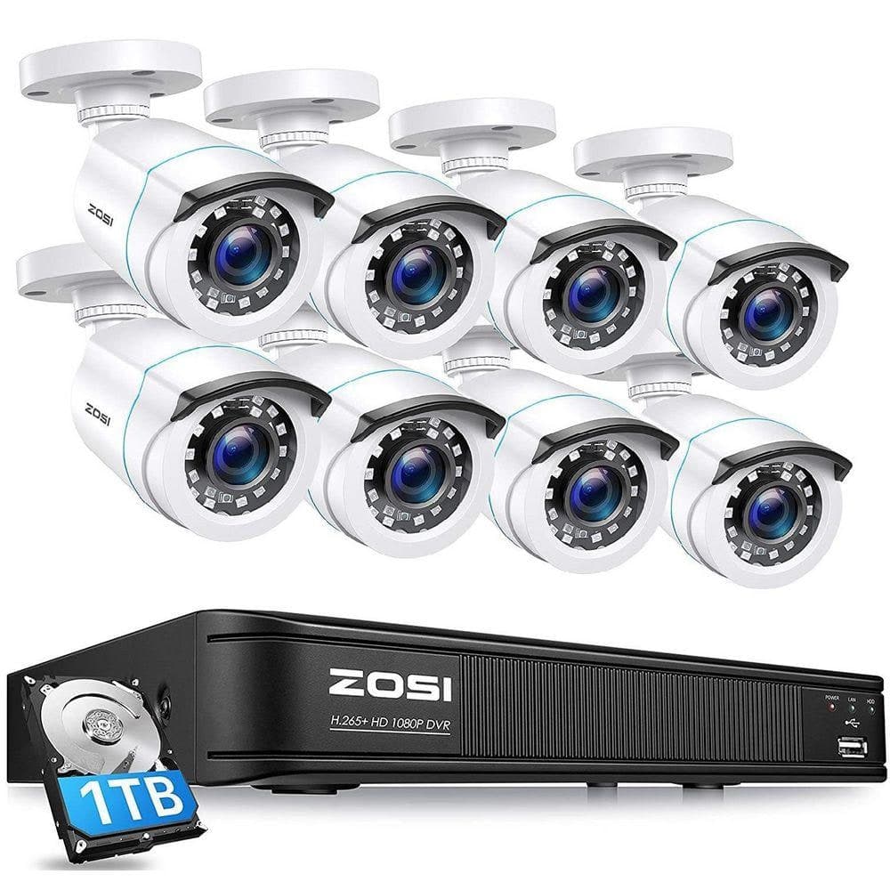 ZOSI H.265+ 8-Channel 5MP-LITE DVR 1TB Hard Drive Security Camera System with 8 1080P Wired Bullet Cameras, Remote Access