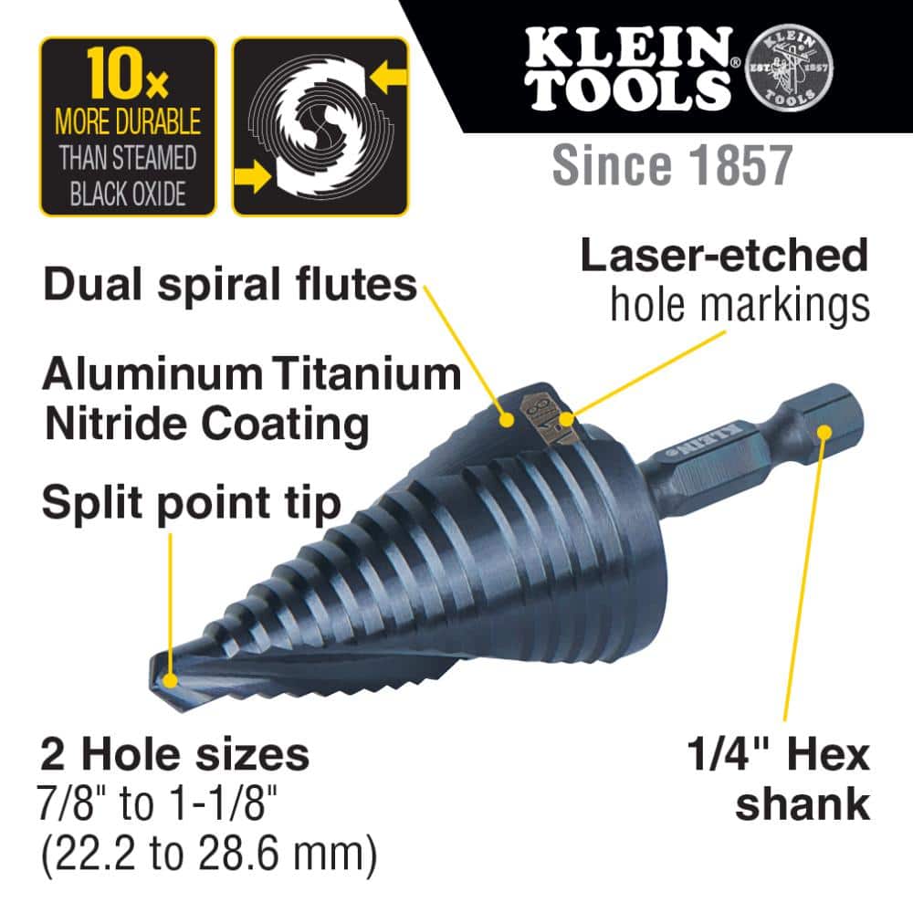 Klein Tools Step Drill Bit, Quick Release, Spiral Flute, 1-1/8 in. (2)