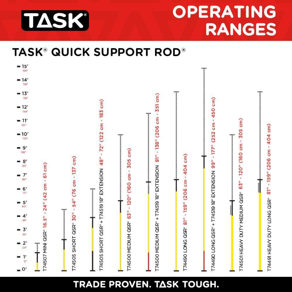 TASK QSR 6 ft. 9-in. to 13 ft. 3-in. (206 cm to 404 cm) Heavy-Duty Long Length Quick Support Rod Set (1-Piece) (3)