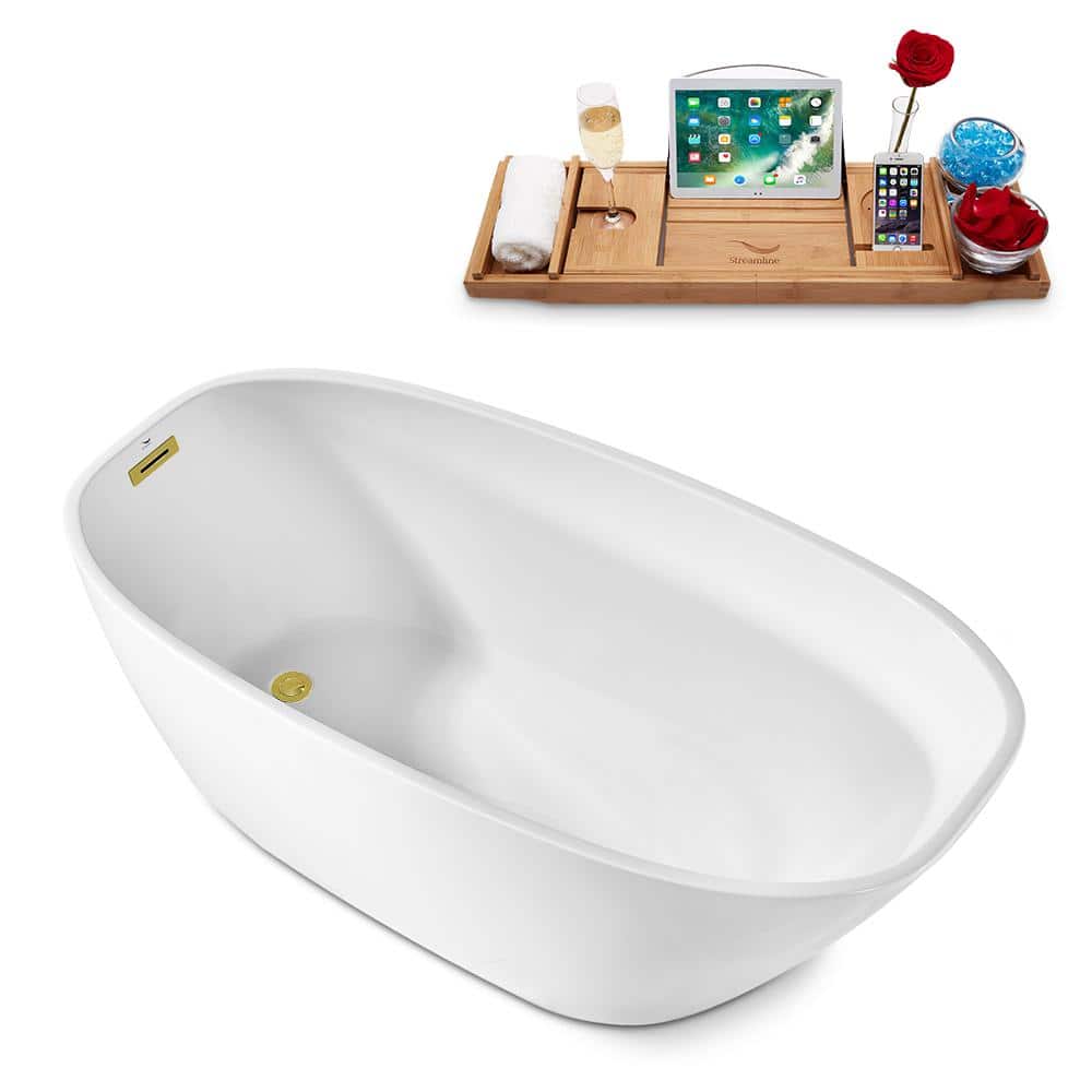 Streamline Acrylic Flatbottom Non-Whirlpool Bathtub Glossy White with Polished Gold Drain and Overflow Cover (3)