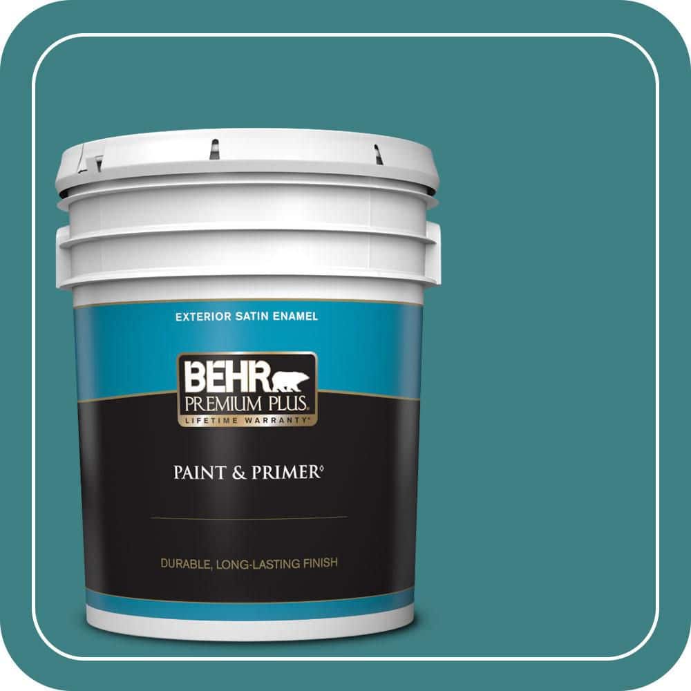 BEHR PREMIUM PLUS 5 gal. #510D-7 Pacific Sea Teal Satin Enamel Exterior Paint & Primer