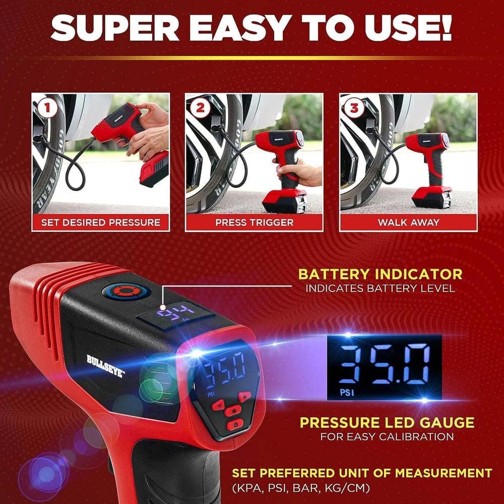 BULLSEYE Pro 150 PSI Cordless Handheld Rechargeable Tire Inflator with Digital Pressure Gauge and Battery Indicator (3)