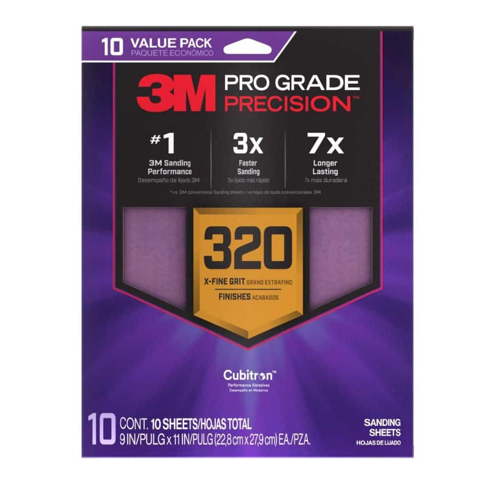 3M Pro Grade Precision 9 in. x 11 in. 320 Grit Faster Sanding Sheets with No-Slip Grip Backing (10-Pack)