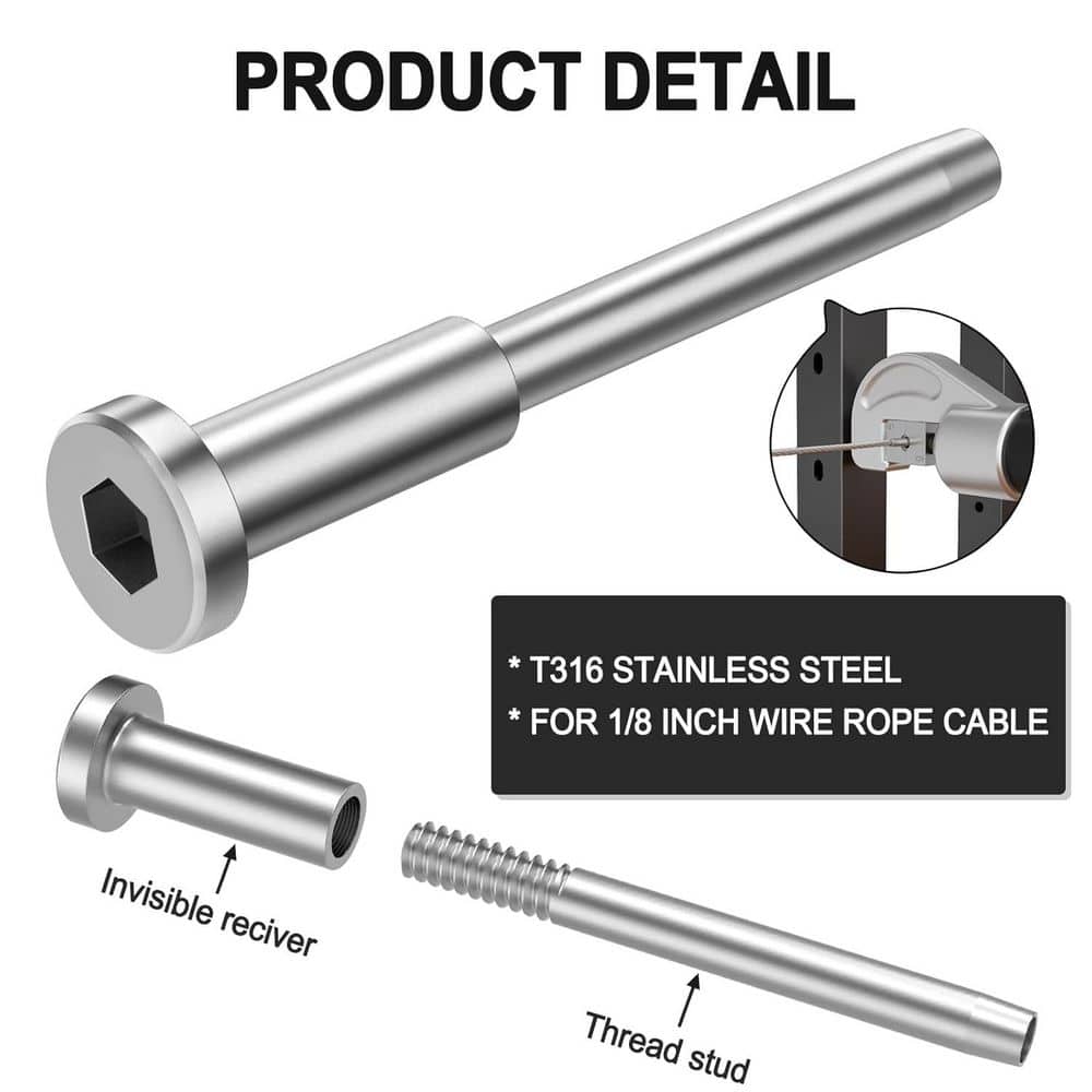 Afoxsos 2.57 in. H x .51 in. W 80 Pack Invisible Cable Railing Kit, T316 Stainless Steel 1/8 Inch Receiver and Swage Stud End (3)