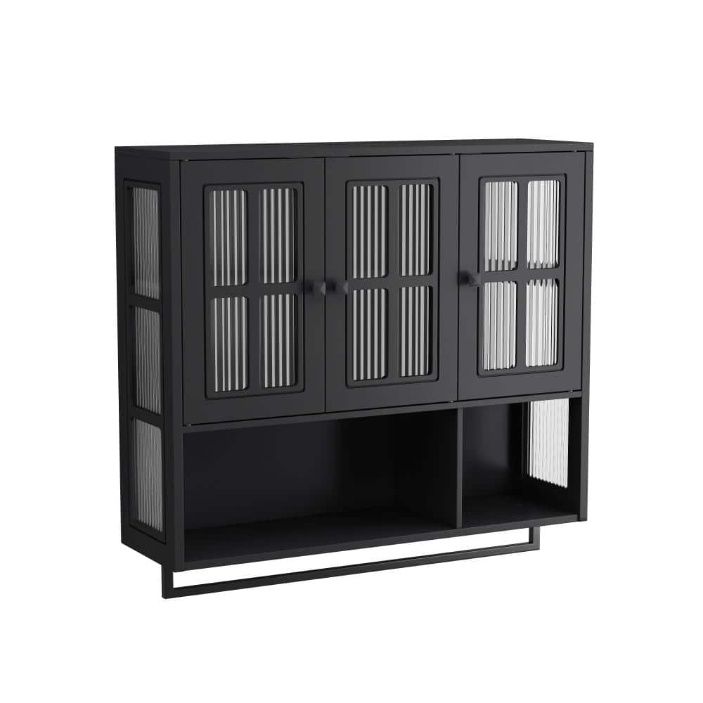 YSQCAR 34.65 in. W x 10.24 in. D x 32.48 in. H Bathroom Storage Wall Cabinet in Black with Glass Door and Towel Bar (1)