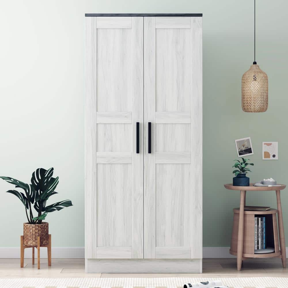 Unbranded 31.5 in. W x 18.31 in. D x 68.9 in. H Light Gray Linen Cabinet Wooden Wardrobe with 2Doors, LED and 4 Storage Shelves (3)