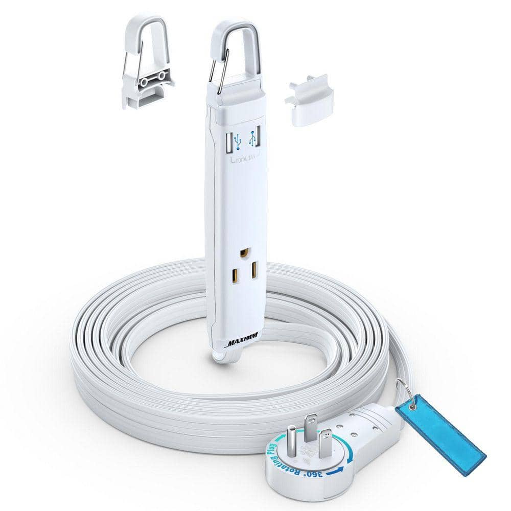 MAXIMM 10 ft. 16 / 3 Light Duty Indoor Extension Cord with 360-Degree Rotating Flat Plug 3 Outlet with Hook and USB, White (1)