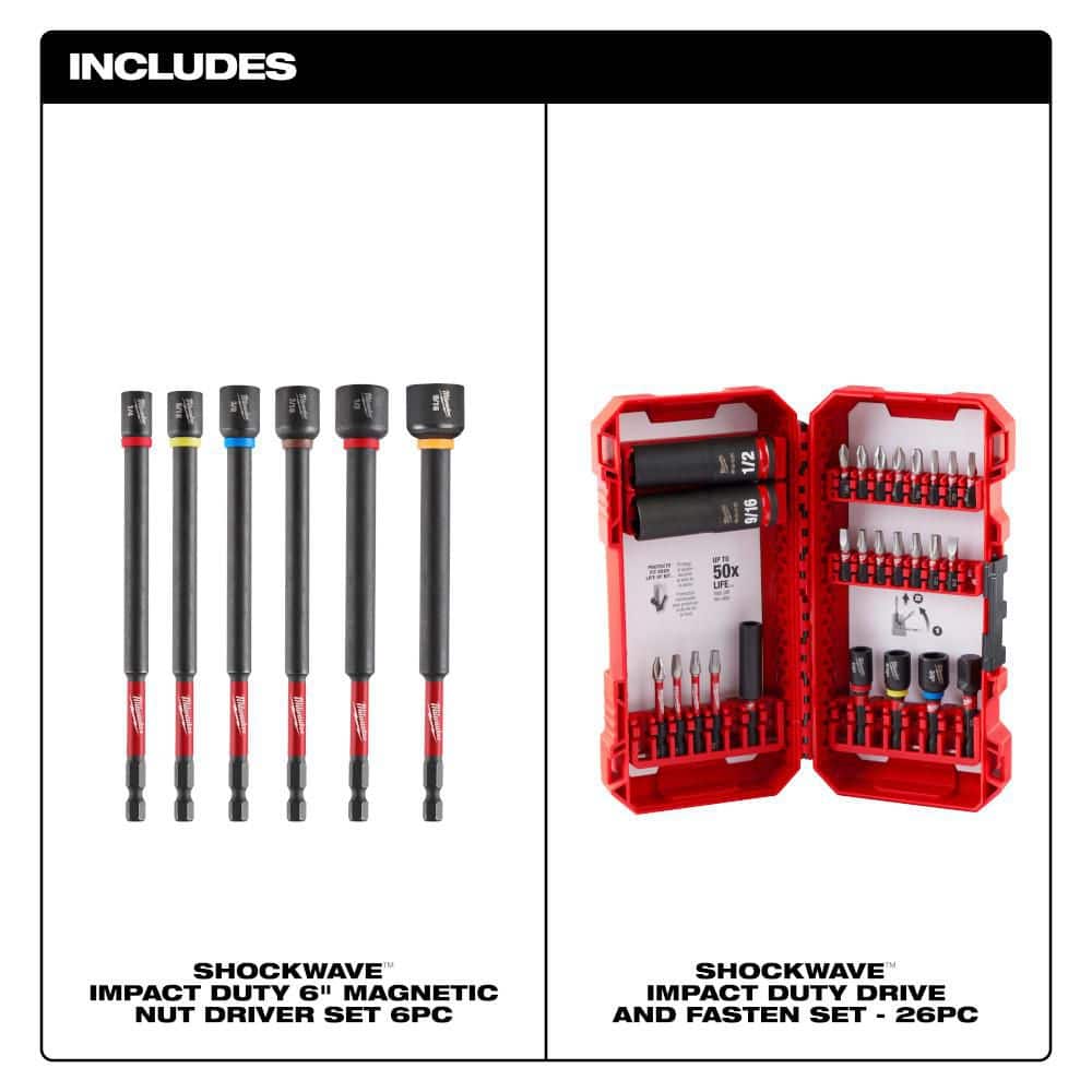 Milwaukee SHOCKWAVE Impact Duty, 6 in. Magnetic Nut Driver Set & SHOCKWAVE Impact Duty Alloy Steel Screw Driver Bit Set (32-Piece) (2)