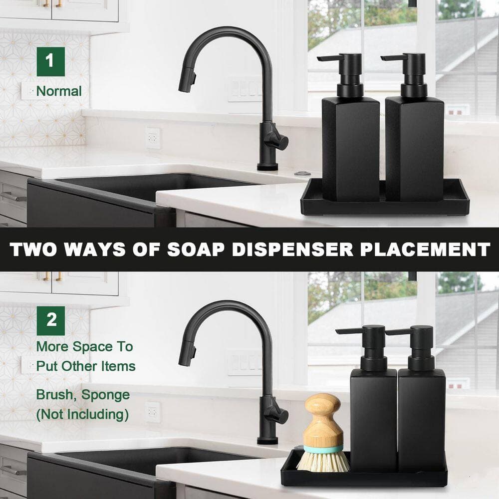 Wudkey Kitchen Soap Dispenser Set, Hand and Dish Soap Dispensers, Black Glass Soap Dispenser with Tray for Bathroom (3)