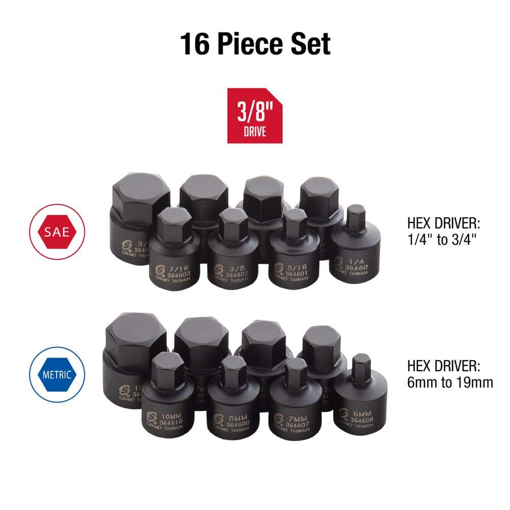 SUNEX TOOLS 3/8 in. Drive Stubby Impact Hex Driver SAE and Metric Set (16-Piece) (2)