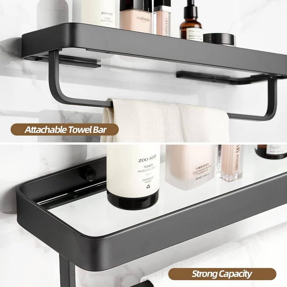 Wudkey 2-Piece 15.7 in. W x 1.18 in. H x 4.68 in. D Wall Mounted Aluminium and Glass Rectangular Bathroom Shelves in Black (3)