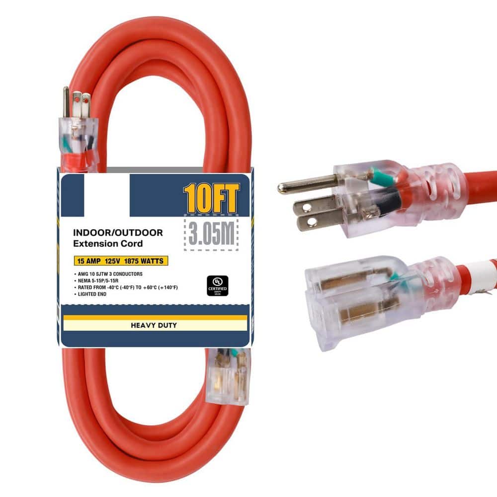 Unbranded 10 ft. 10 Gauge 3 Conductor SJTW Heavy Duty Indoor/Outdoor Orange Extension Cord with Tri-tap Lighted End (1)