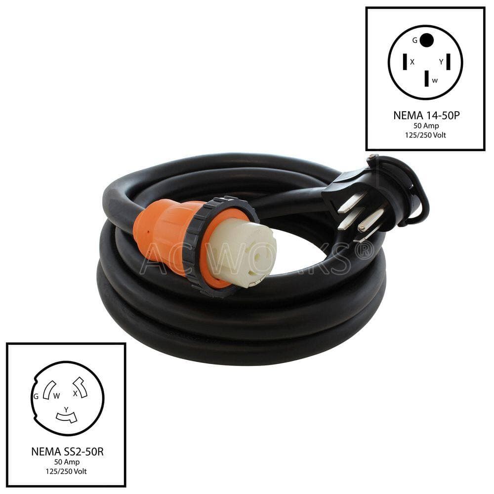 AC WORKS 25 ft. 6/3+8/1 4-Prong STW Indoor/Outdoor Extension Cord 14-50P to SS2-50R RV 50A with Power Indicator in Black (2)