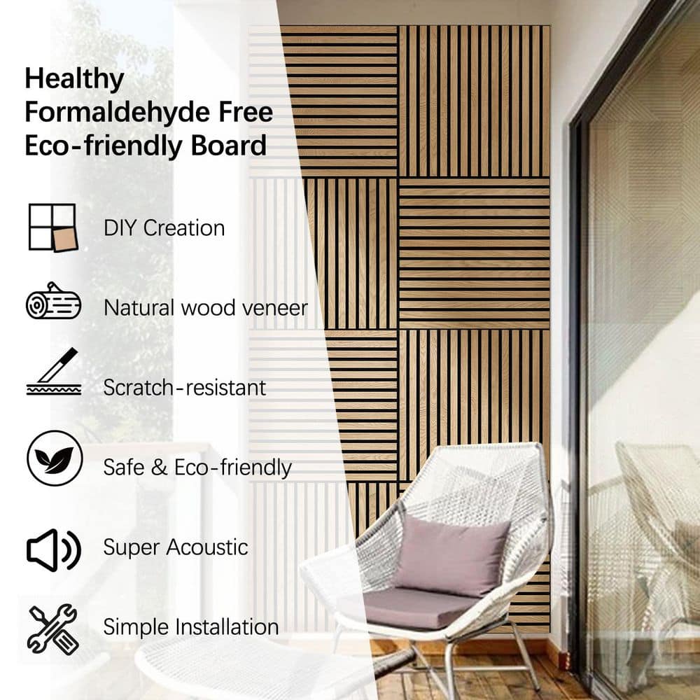 Owndeign 0.7 in.x 23.6 in. x 23.6 in. Beige Wood Slat Acoustic Panels, MDF Decorative Wall Paneling (4 Piece/15.5 sq. ft.) (2)