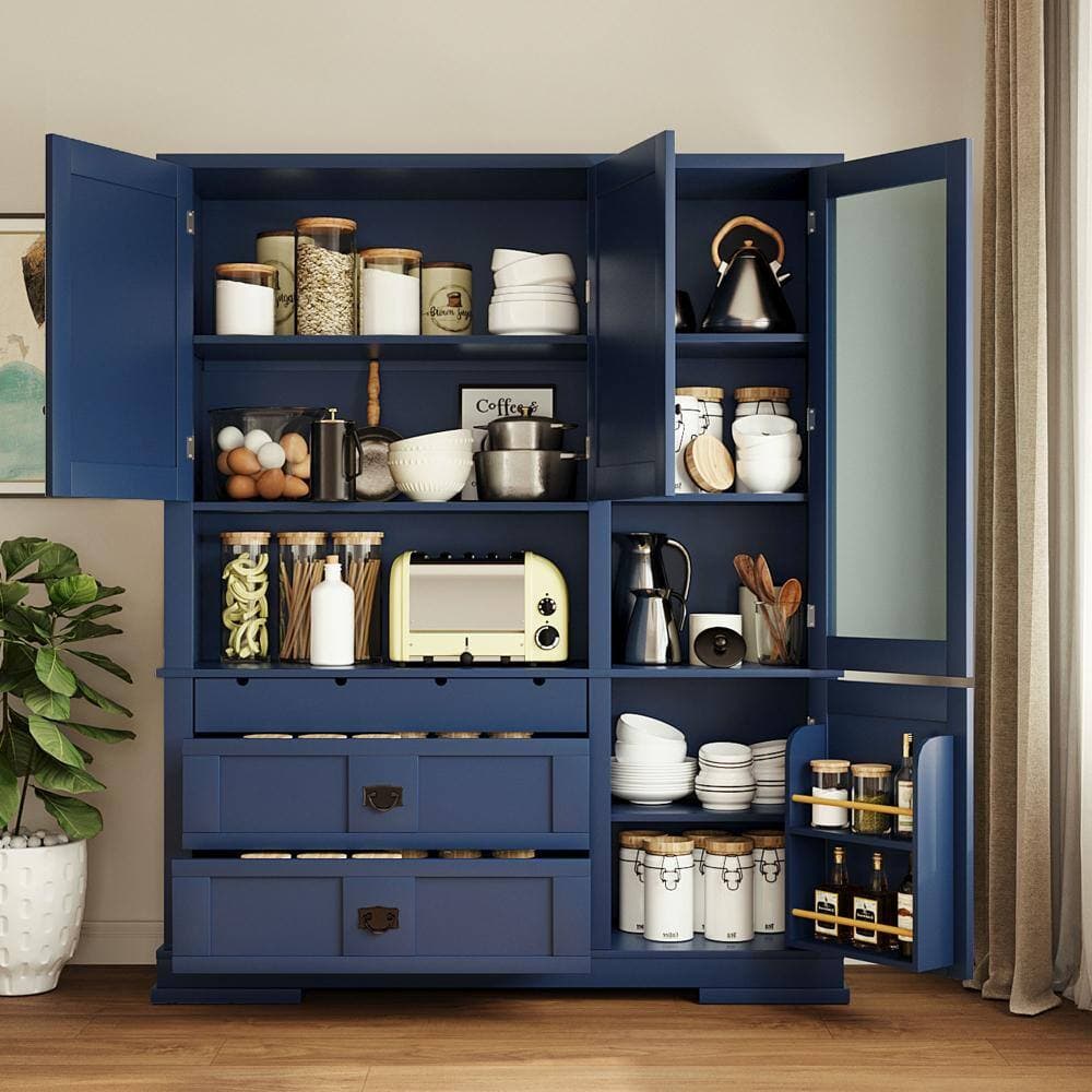 COWLOWN 63.3 in. W x 17.8 in. D x 78.3 in. H Blue Linen Cabinet with Hutch, Drawers, Adjustable Shelves (2)