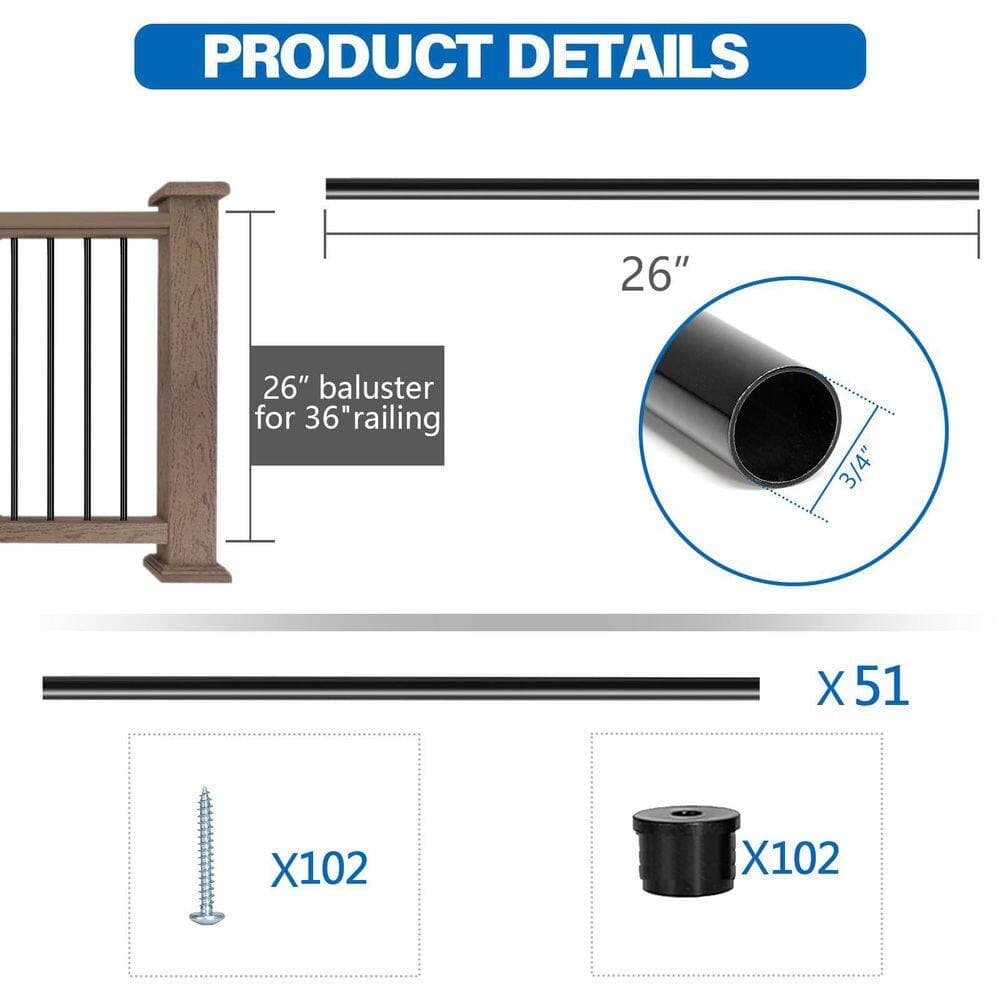 Afoxsos 26 in. H x 0.75 in. W Black Aluminum Deck Balusters, Hollow Round Deck Spindles for Deck Railing w/ Connectors(51-Pack) (3)