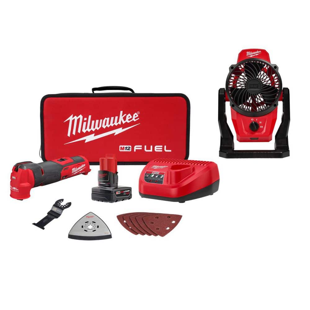 Milwaukee M12 FUEL 12V Lithium-Ion Cordless Oscillating Multi-Tool Kit with 4.0 Ah Battery, Charger, Accessories, Bag, and Fan (1)